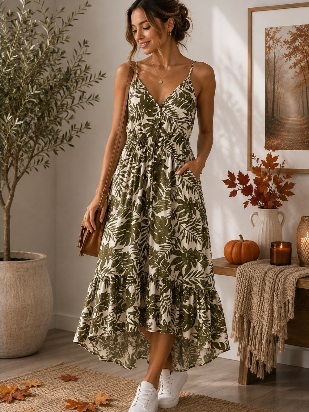 Derek Heart Olive & Cream V-Neck High-Low Maxi Dress